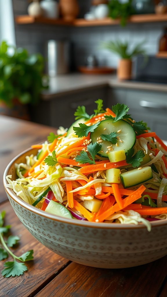 A colorful bowl of crunchy cabbage and cucumber salad with carrots, topped with sesame seeds and cilantro, displayed on a wooden table.